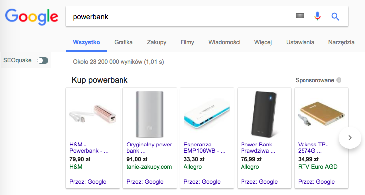 Google Zakupy na frazę Powerbanki